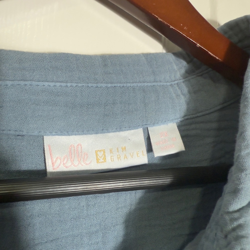 Belle by Kim Gravel Women's Top Blue Cotton Gauze Button Down Raw Hem – Size 2X‎ - Picture 4 of 9